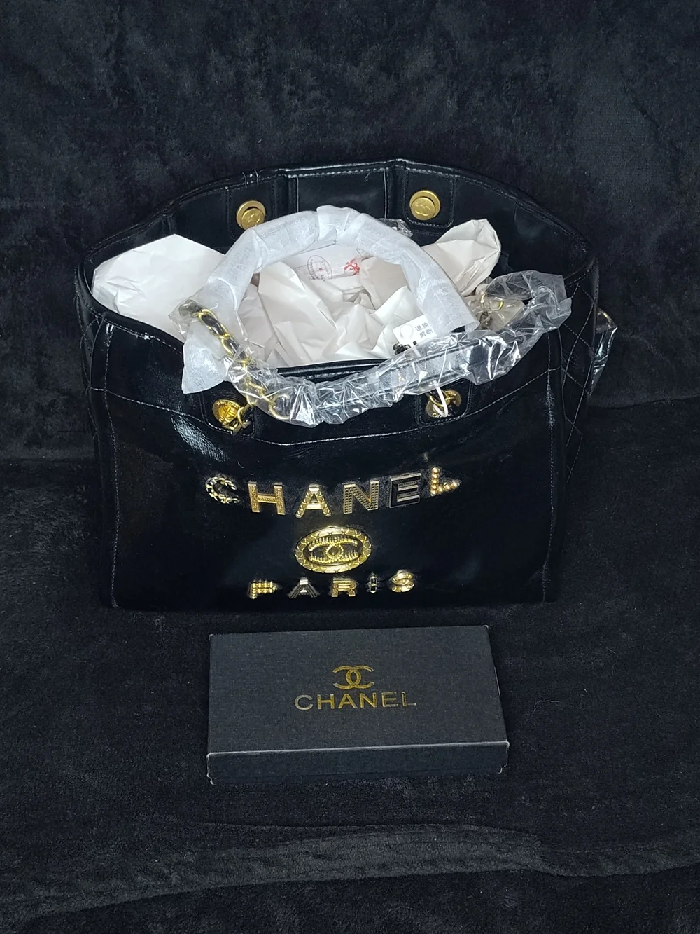 CHANEL Black Patent Quilted Tote with Gold Hardware